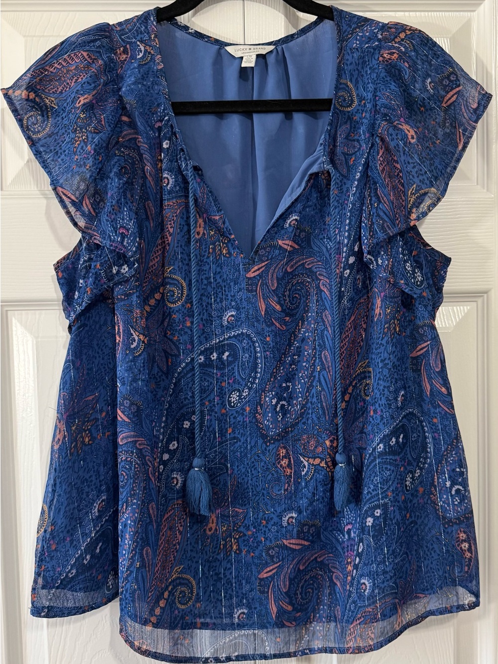 Lucky Brand Blue Paisley Tassel Tie Flutter Sleeve Boho Blouse Large